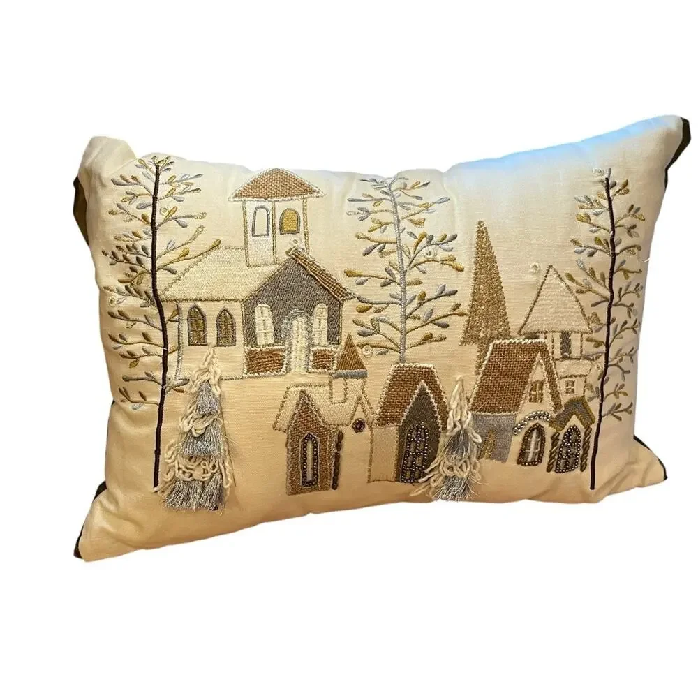 Pier One 1 Imports Pine Fir Trees Christmas Embriodered Pillow 15”x21”